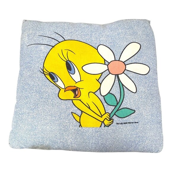 Vintage Looney Tunes Tweety Bird Stuffed Throw Pillow 1999 Warner Bro Jean Denim - Picture 7 of 7